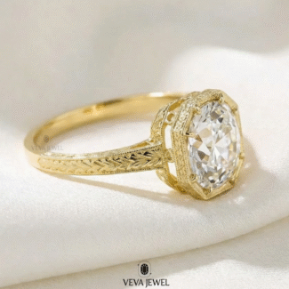 Vintage style moissanite engagement ring with milgrain detail