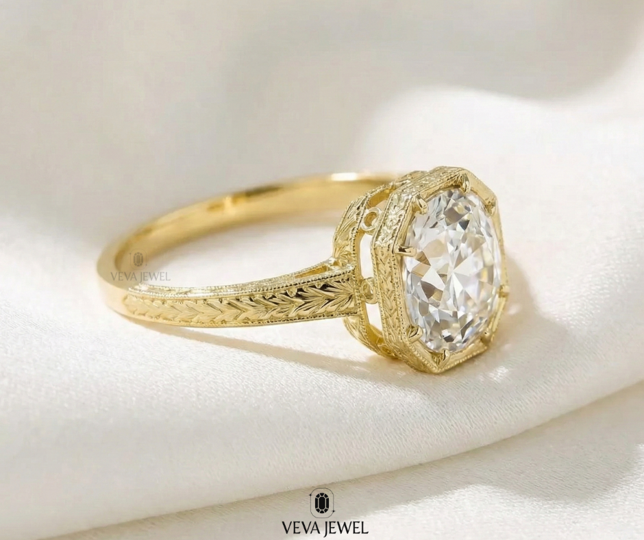 Vintage style moissanite engagement ring with milgrain detail
