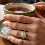 Modern vintage moissanite ring with bezel setting