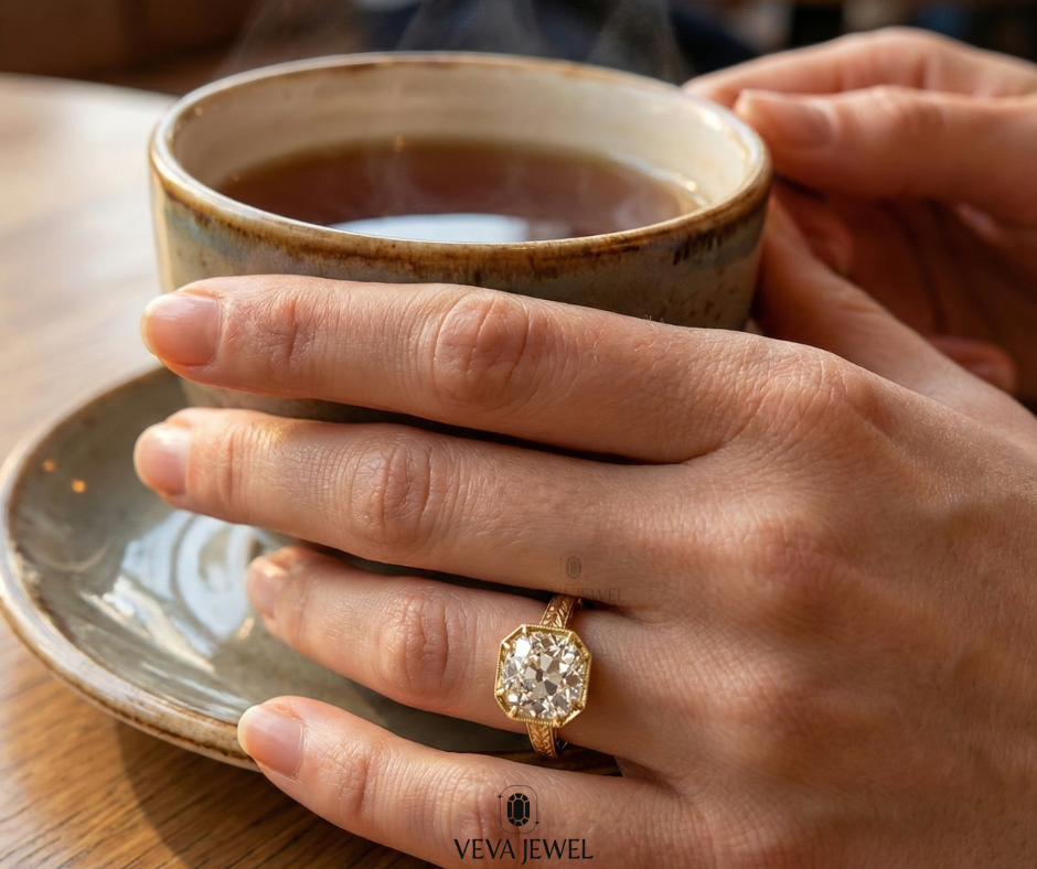 Modern vintage moissanite ring with bezel setting