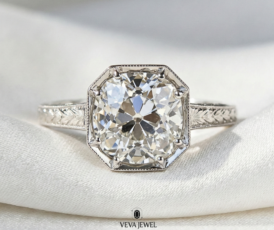 Yellow gold moissanite ring with engraved band