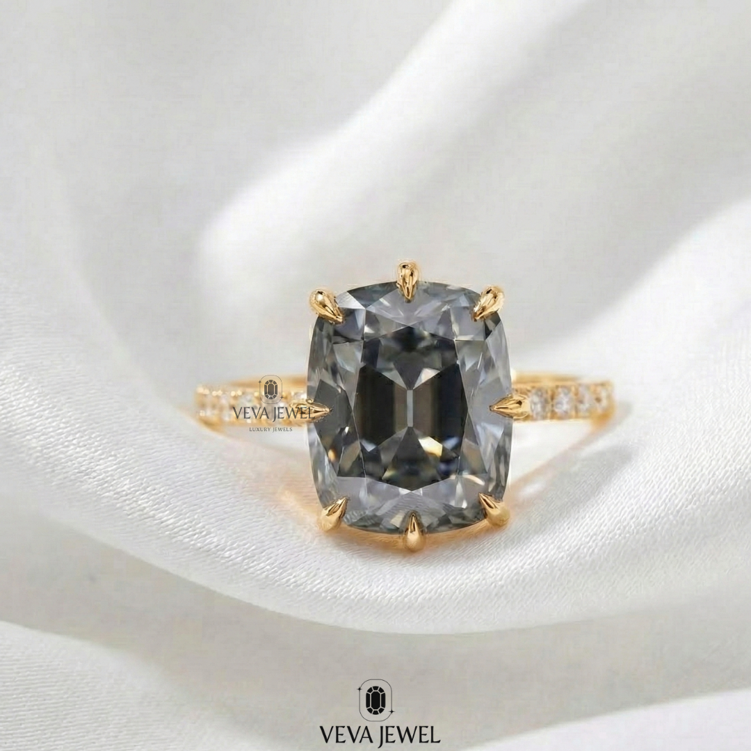 Cushion cut grey moissanite engagement ring in gold