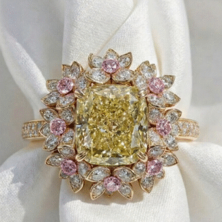 Yellow cushion cut diamond floral halo ring in gold