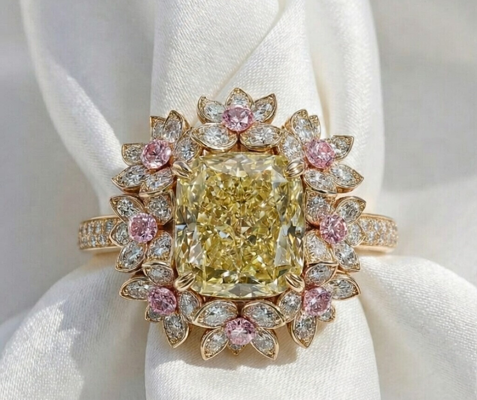 Yellow cushion cut diamond floral halo ring in gold