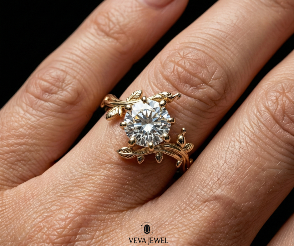 yellow gold leaf branch diamond engagement ring