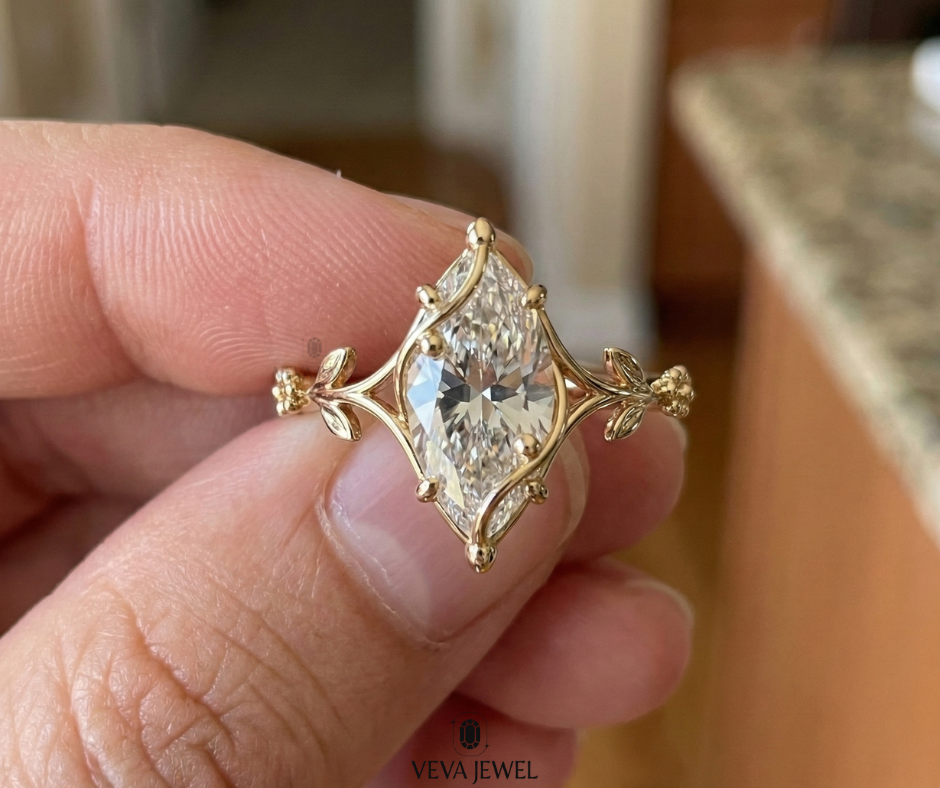 marquise cut moissanite engagement ring in solid gold