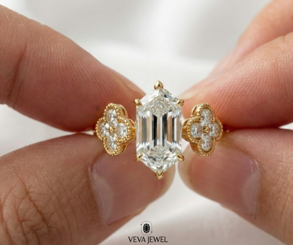 gold promise ring with moissanite and floral accents