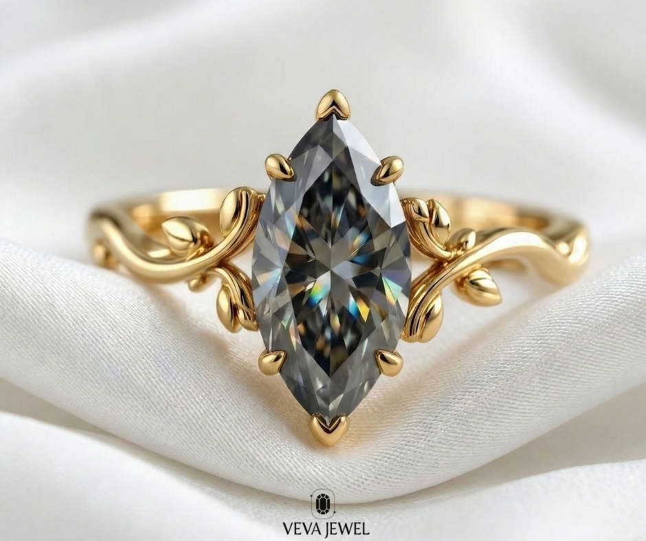 Grey marquise moissanite engagement ring in gold