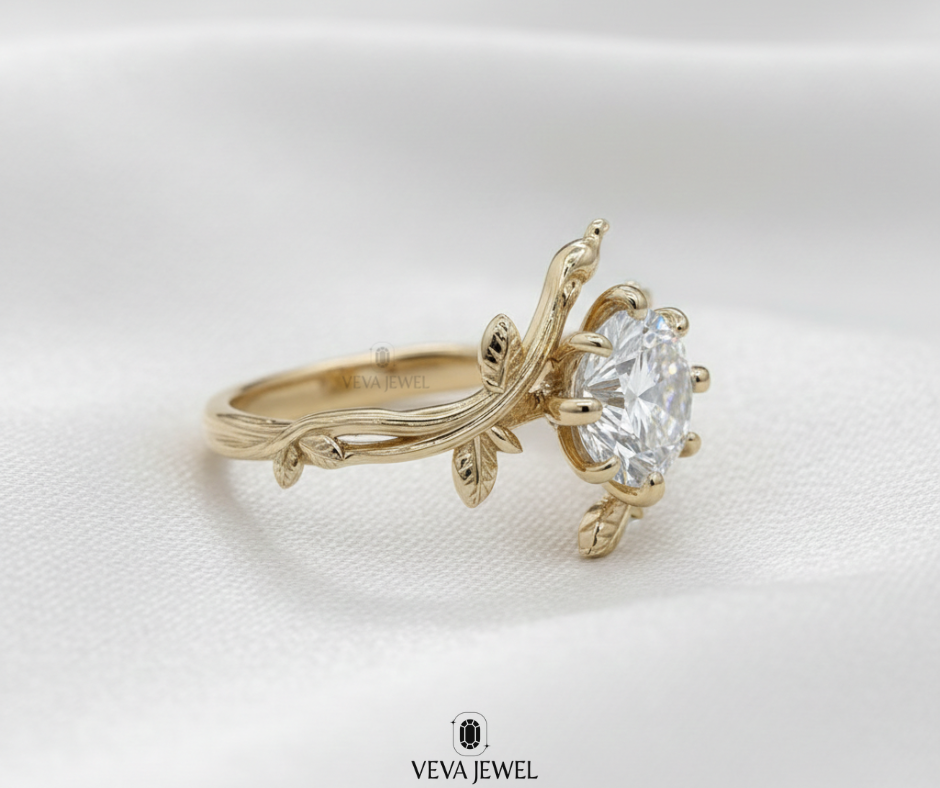 nature inspired gold engagement ring with round diamond