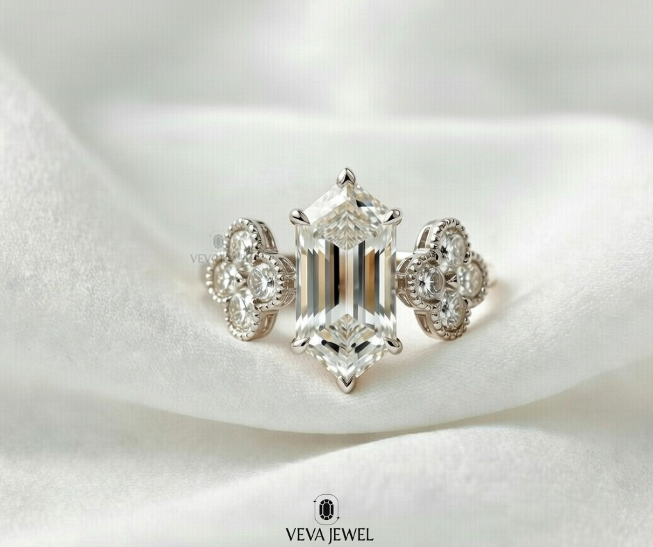 classic hexagon cut wedding ring with accents