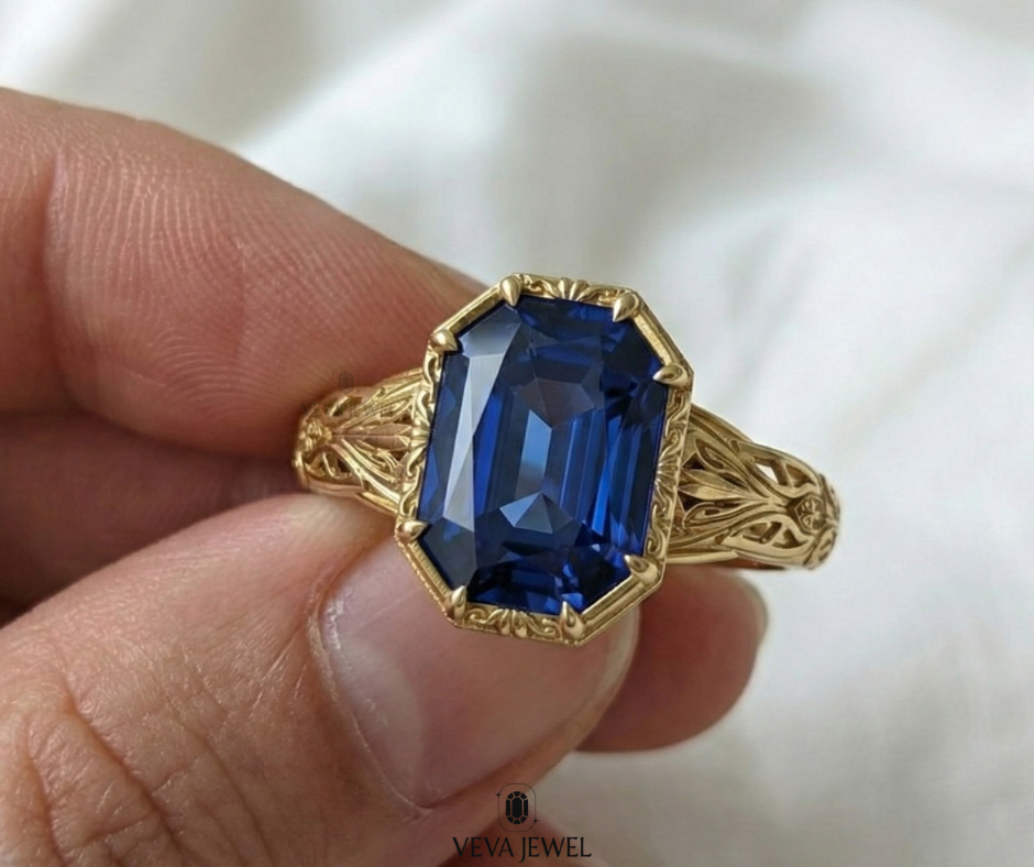 vintage blue sapphire solitaire ring in engraved band