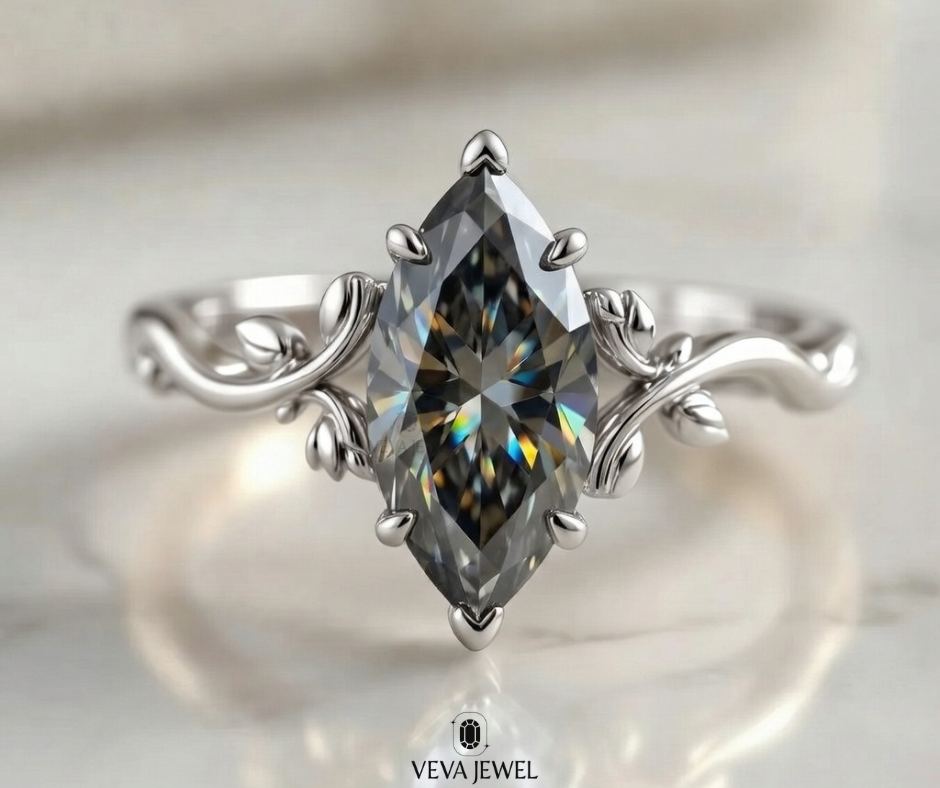 Delicate gold leaf band moissanite ring
