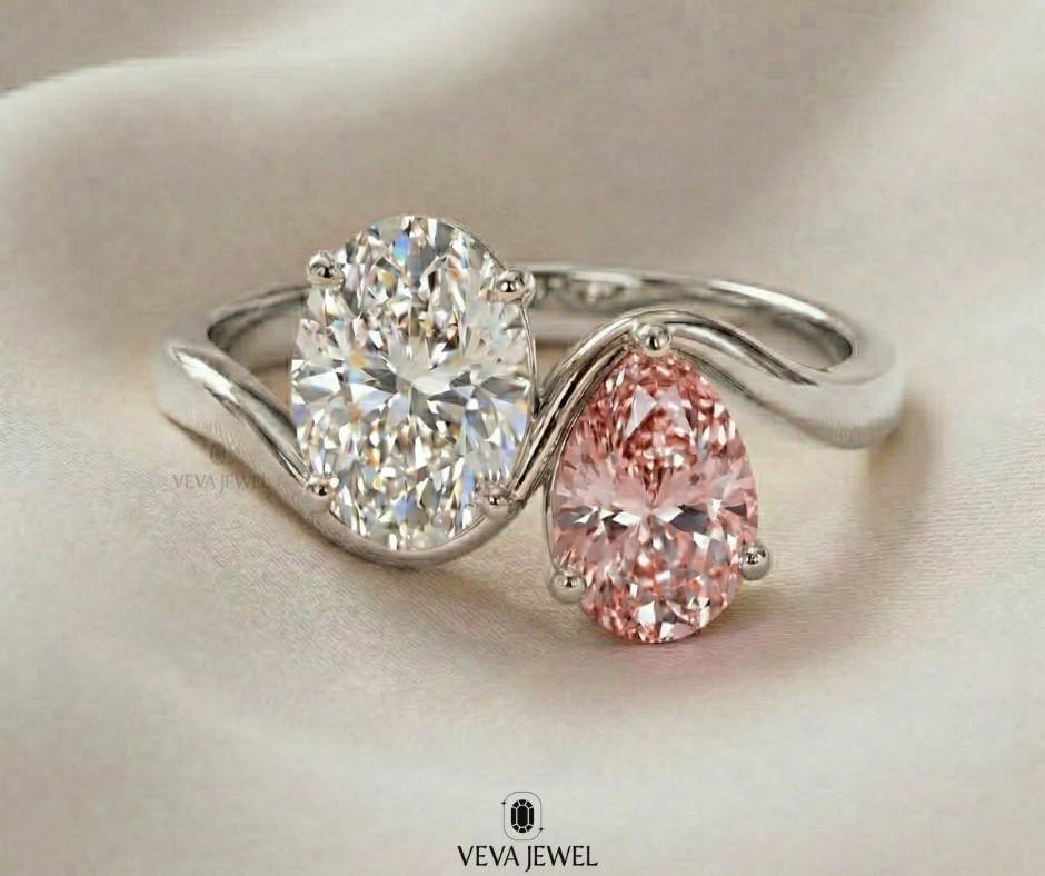 Handmade gold ring with oval moissanite and pink sapphire stones