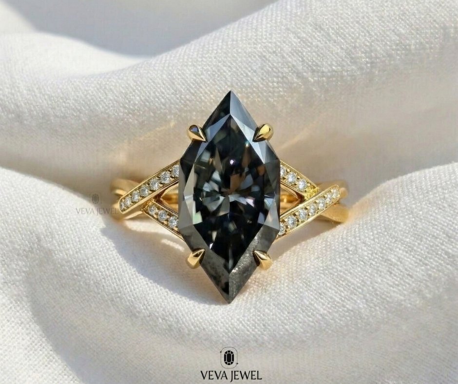 grey marquise moissanite engagement ring in solid gold