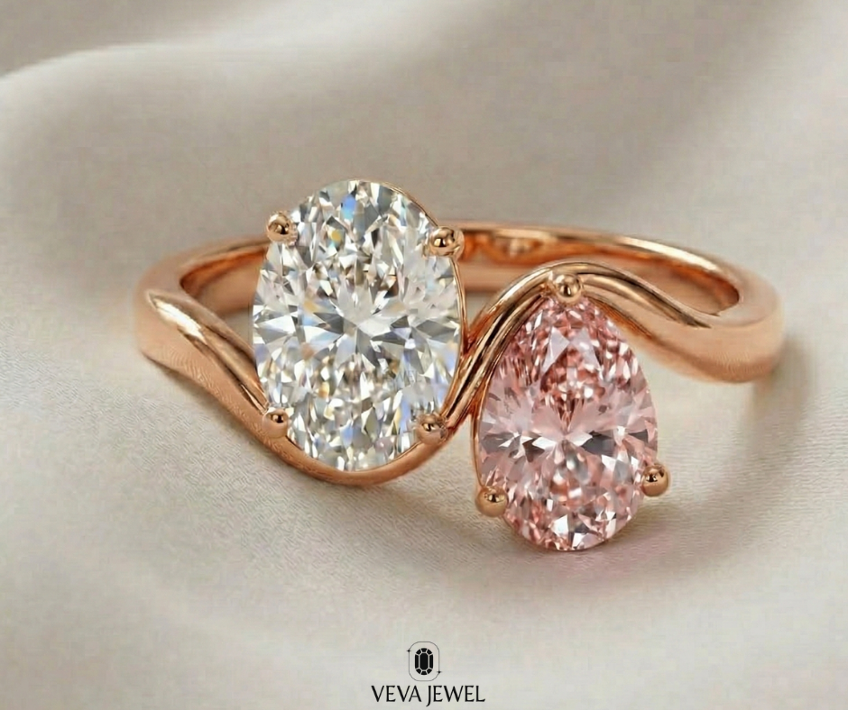 Minimalist gold bypass ring with dual oval gemstones