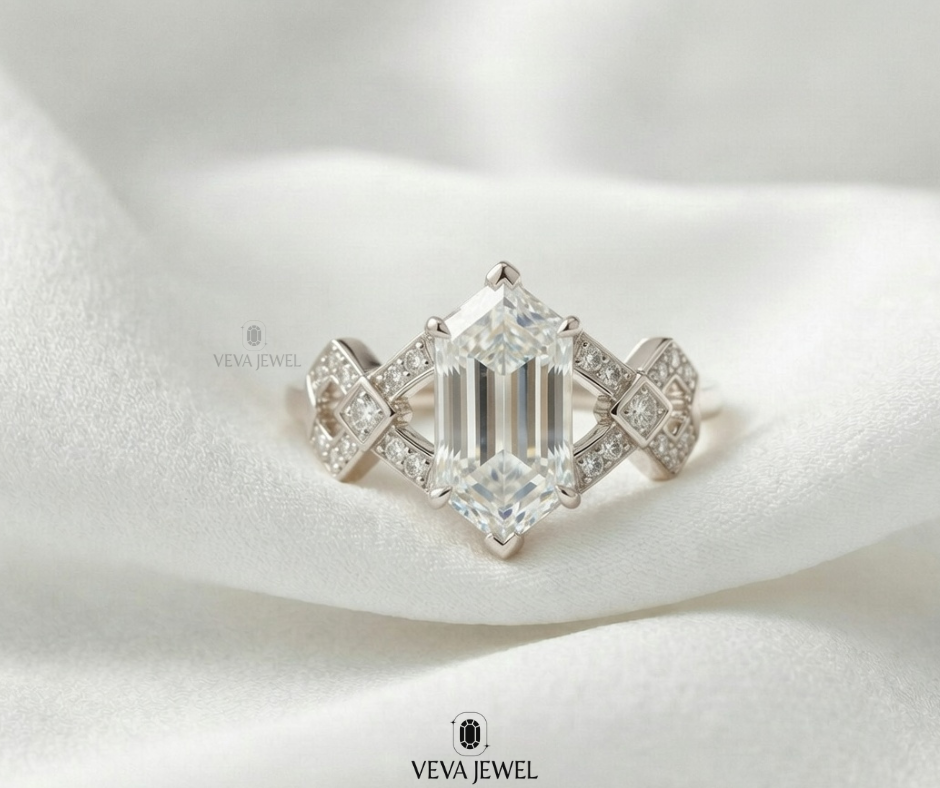 Handmade hexagon diamond engagement ring detail