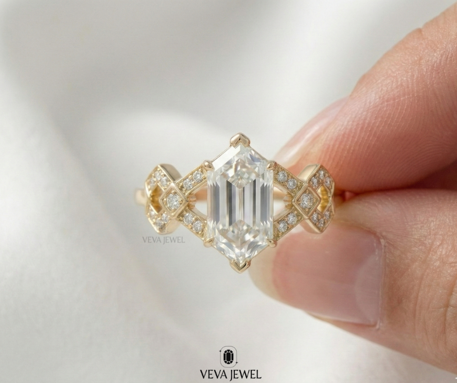 Art deco hexagon diamond engagement ring