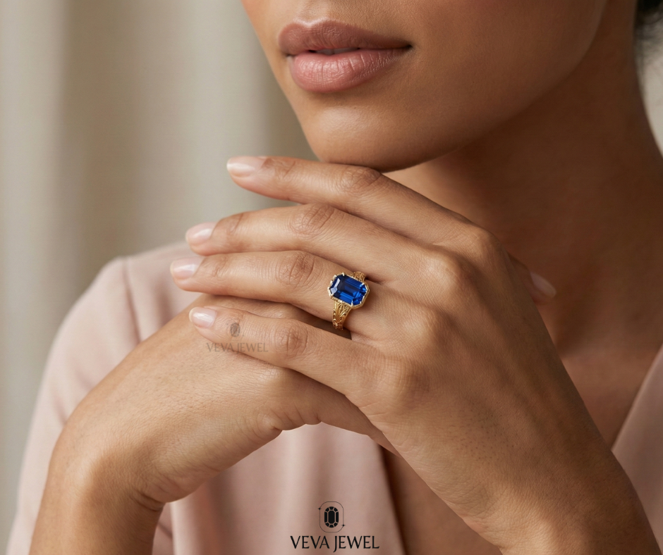 floral engraved gold band sapphire ring