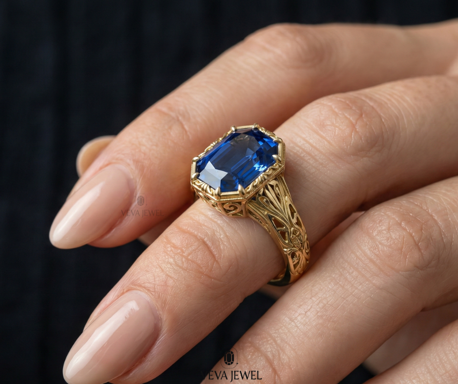 bezel prong set blue sapphire bridal ring