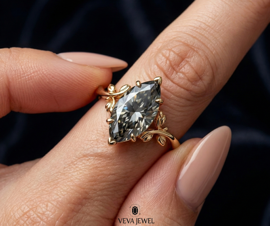 Gold leaf design marquise cut engagement ring
