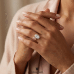 Modern Toi et Moi ring in gold with oval white and blush stones