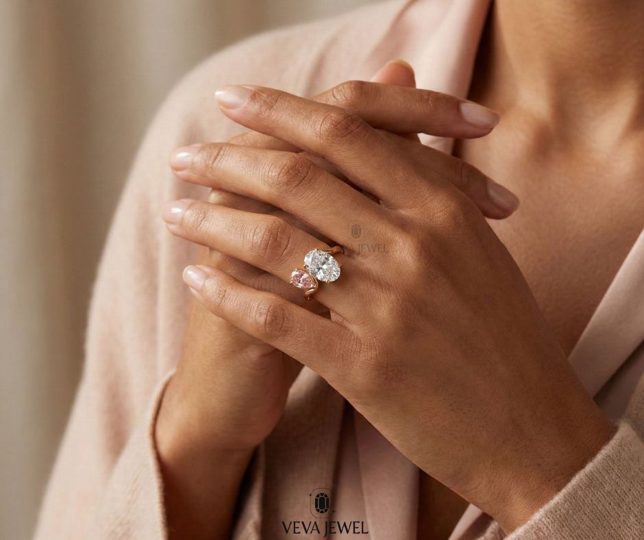 Modern Toi et Moi ring in gold with oval white and blush stones