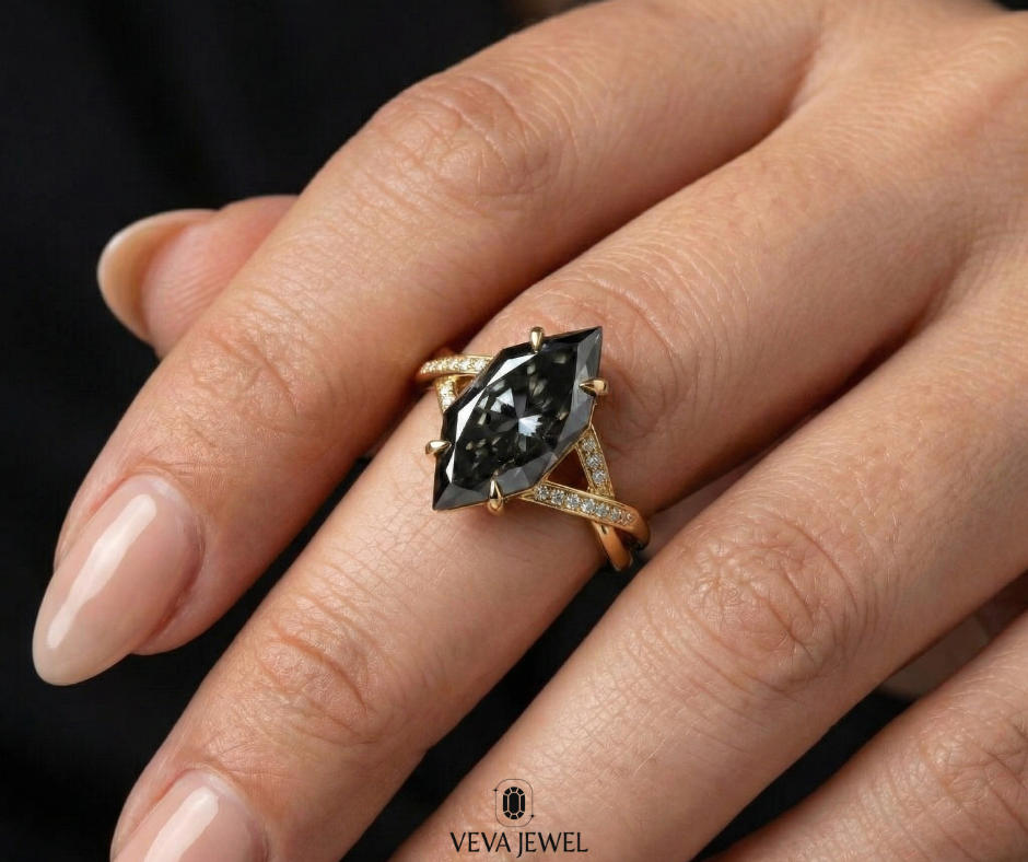 art deco gold ring with grey dutch marquise center stone