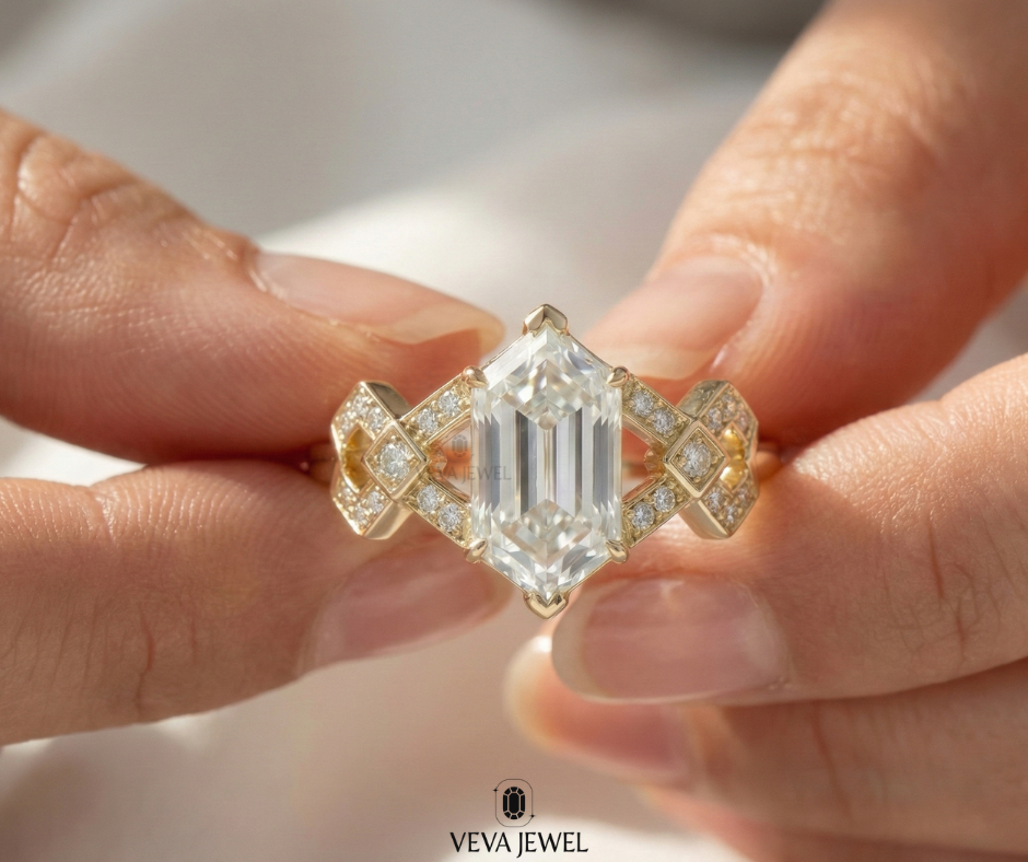 Vintage hexagon diamond engagement ring for her