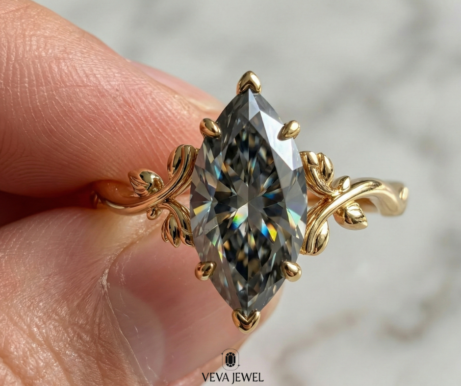 Vintage vine style marquise moissanite ring