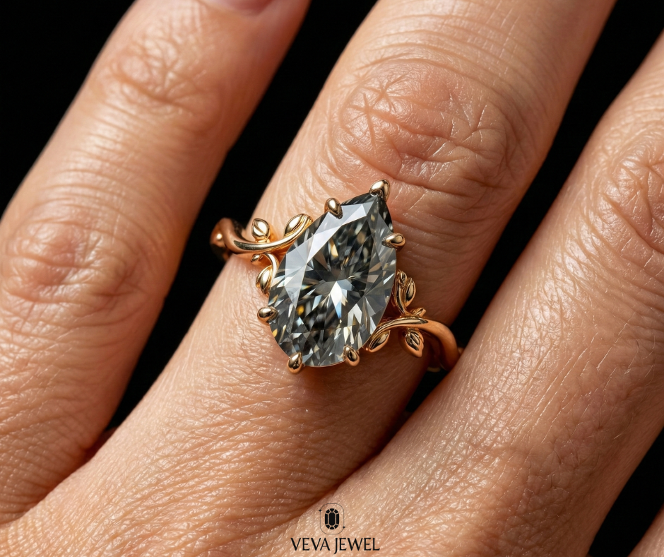 Gold leaf design moissanite engagement ring