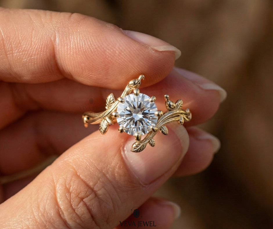 solid gold botanical engagement ring with round diamond