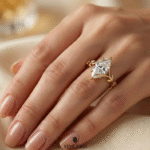 elegant marquise cut gold bridal ring with leaf band