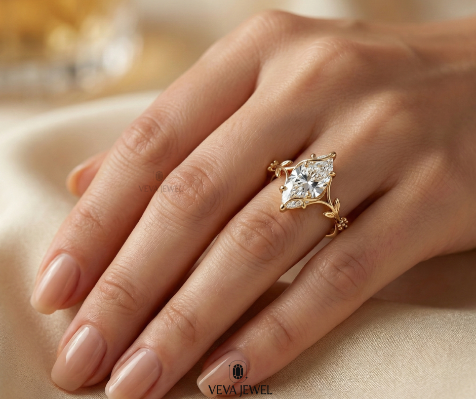elegant marquise cut gold bridal ring with leaf band