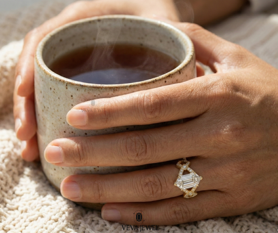 hexagon cut diamond engagement ring for her in 14k gold