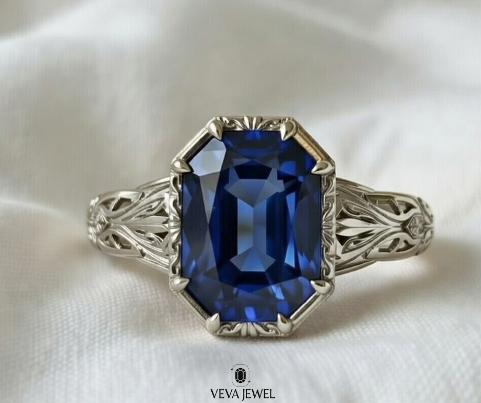hexagon cut blue sapphire heirloom style ring