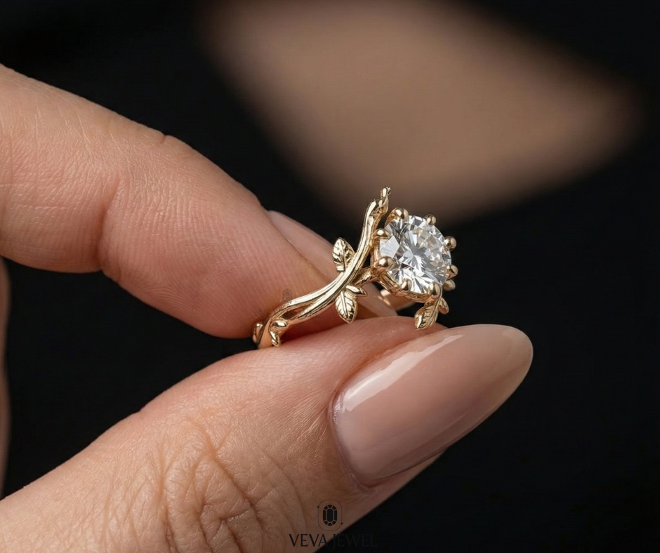 antique style round cut engagement ring with leaf details