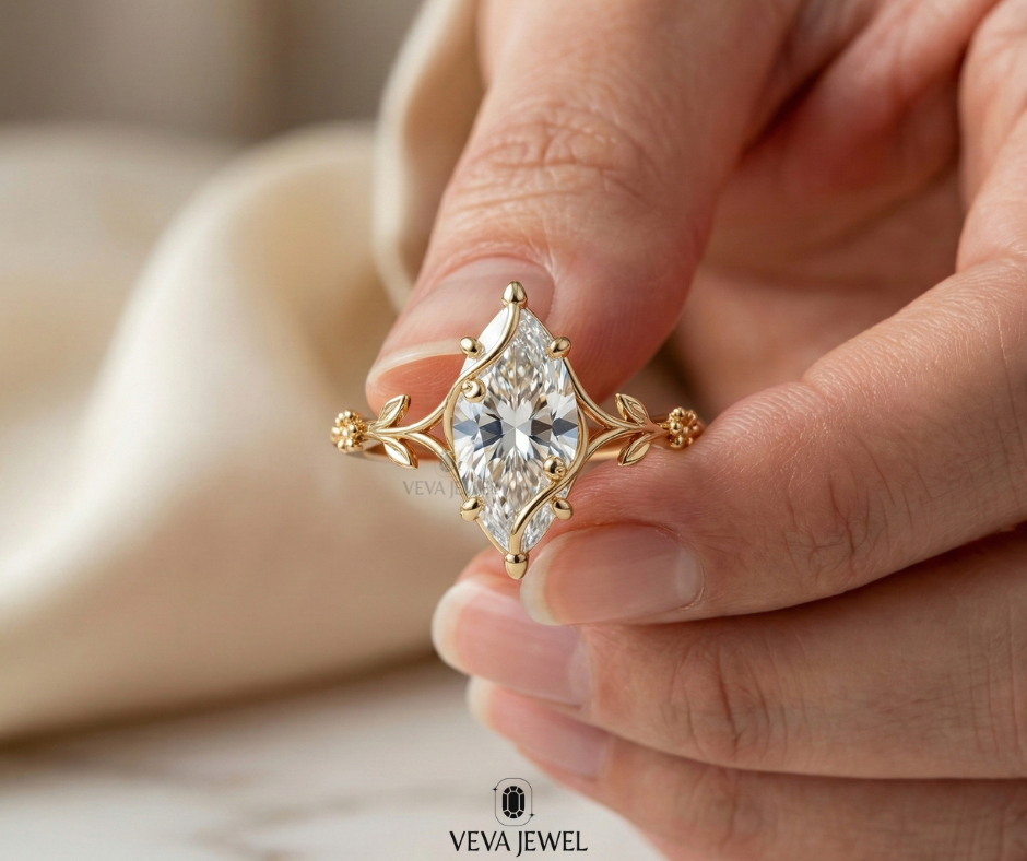 vintage leaf inspired marquise moissanite promise ring