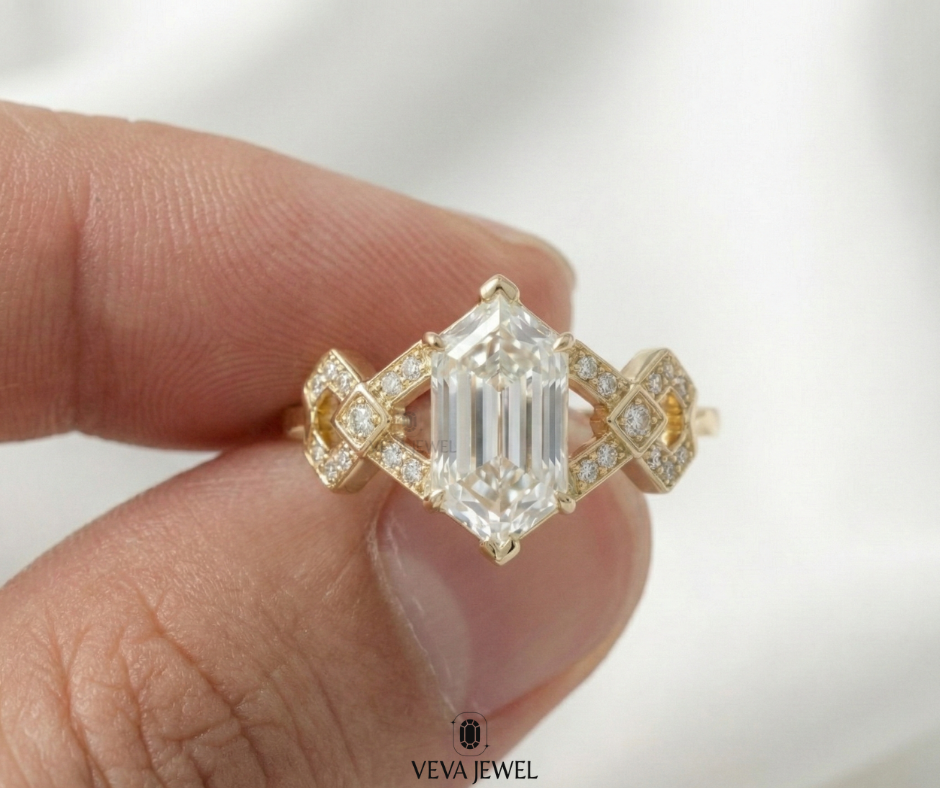 Hexagon diamond engagement ring in solid gold