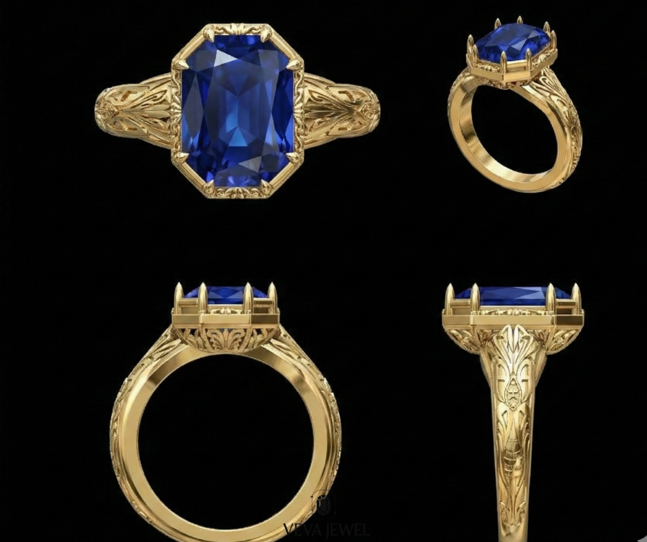 art deco hexagon cut sapphire gold Wedding Ring